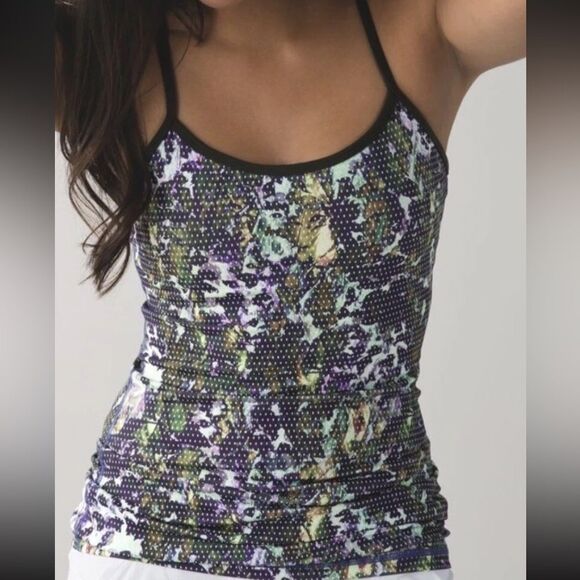 LULULEMON Sz 4 Power Y Tank Top Olive Green Purple Floral Multi Dot - Picture 1 of 5